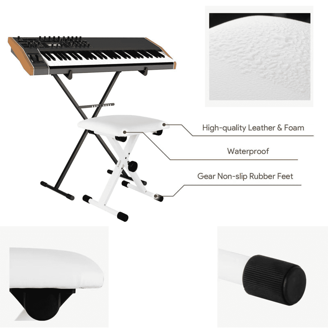 Adjustable Piano Bench, X Frame Folding Keyboard Chair Stool with 3 Height Settings (16-20 Inch),Suitable for Electronic Keyboard and Digital Piano,White