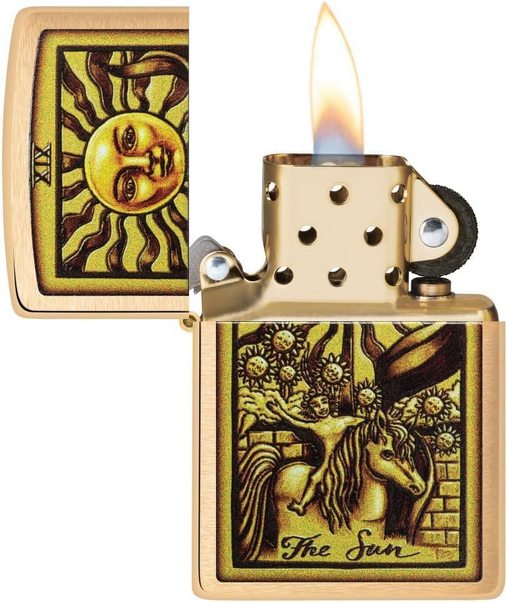 Zippo Lighter - Personalized Custom Message Engraved on Backside for Tarot Card XIX, The Sun Brushed Brass Windproof Pocket Lighter 48758
