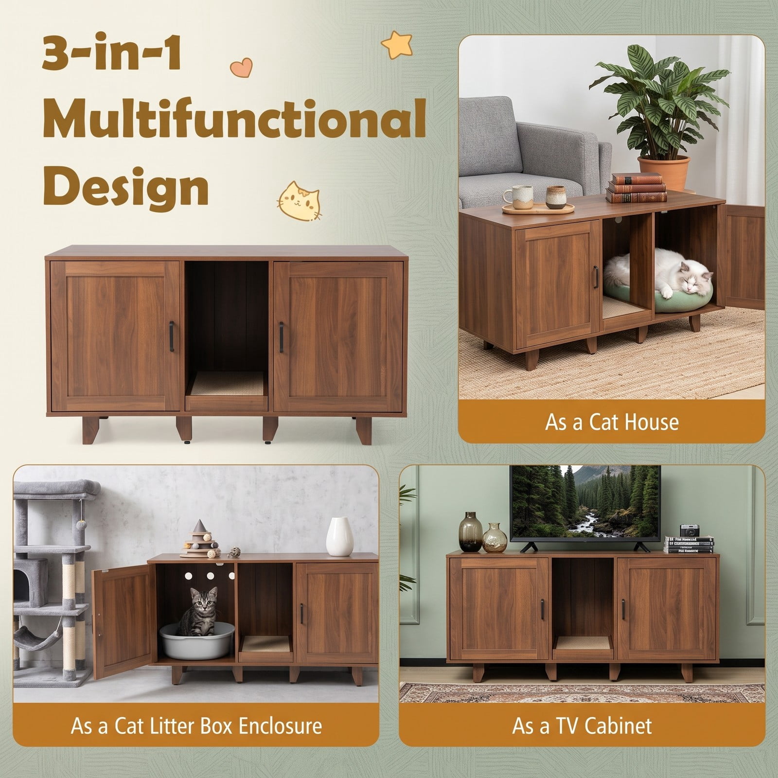 ALPULON Patented 2-Door Cat Litter Box Enclosure Hidden Cat House with Winding Entry, Scratching Board & Magnetic Doors, Wooden Cat Washroom Side Table TV Stand, Brown