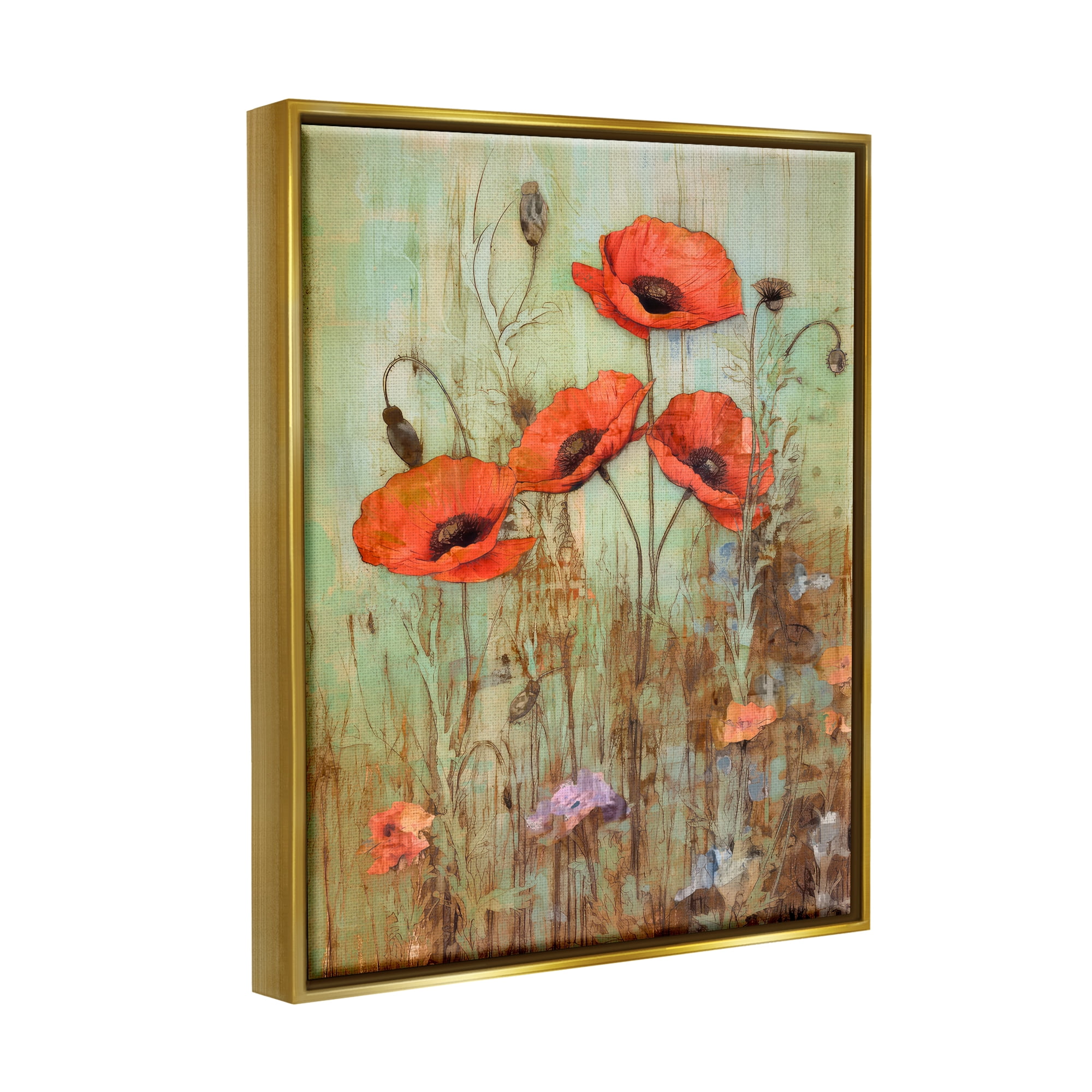 Stupell Industries Rustic Red Poppies Botanical & Floral Painting Gold Floater Framed Canvas Art Print Wall Art, 25 x 31