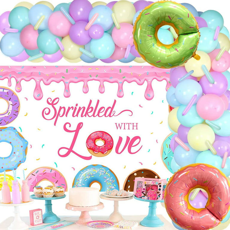 Sprinkle Donut Baby Shower Decorations for Girl - Sprinkled with Love  Backdrop, Pastel Macaroon Balloon Garland Kit with Donut Foil Balloons,  Twisting
