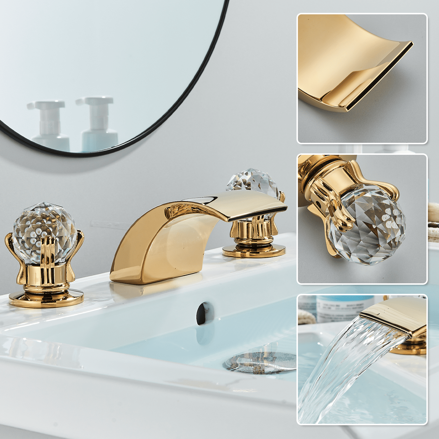 Zovajonia 3 Hole Bathroom Faucet, Dual Crystal Knobs Vanity Basin LED Sink Faucet Mixer Bronze Bath Faucets, Gold Widespread bathroom faucets for sink 3 hole Waterfall Tub Faucet