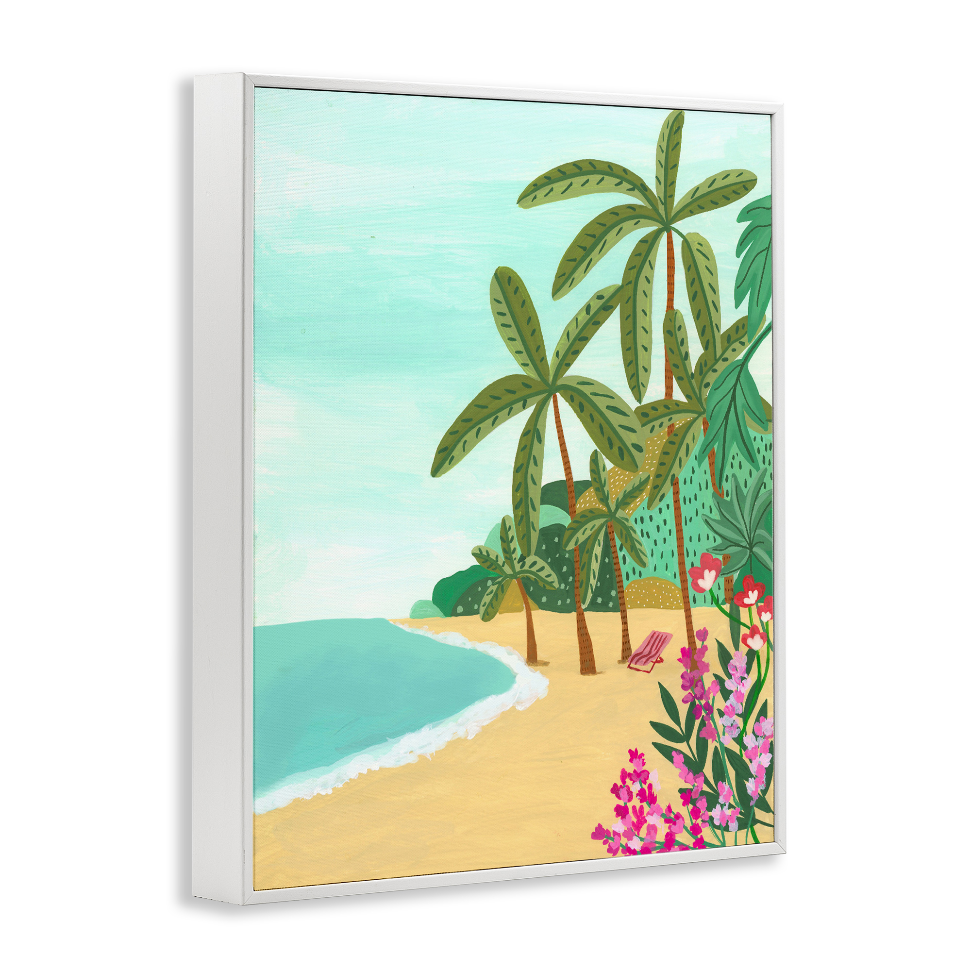 Palm Filled Shoreline White Framed Giclee Art, design by Nabeela Rumi