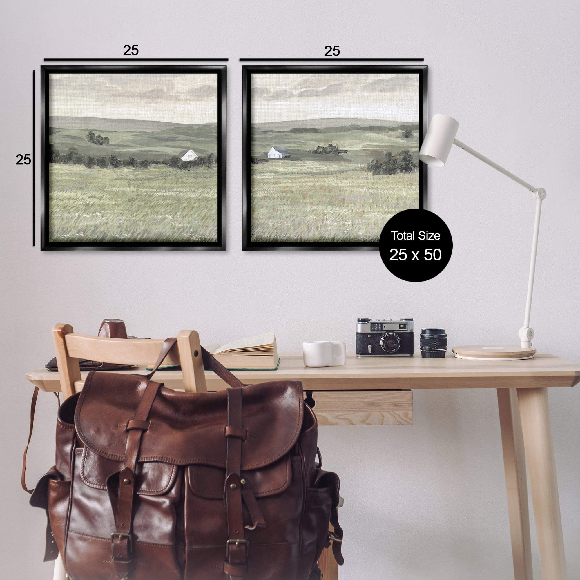 Stupell Industries Traditional Distant Farmhouse Field Landscape & Nature Painting Black Floater Framed Canvas Art Print Wall Art, 25 x 25, Set of 2
