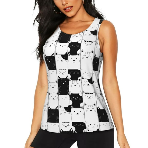 Xecao Doodle Cute Cat print women's scoop neck, loose-fit workout tank tops for the gym.