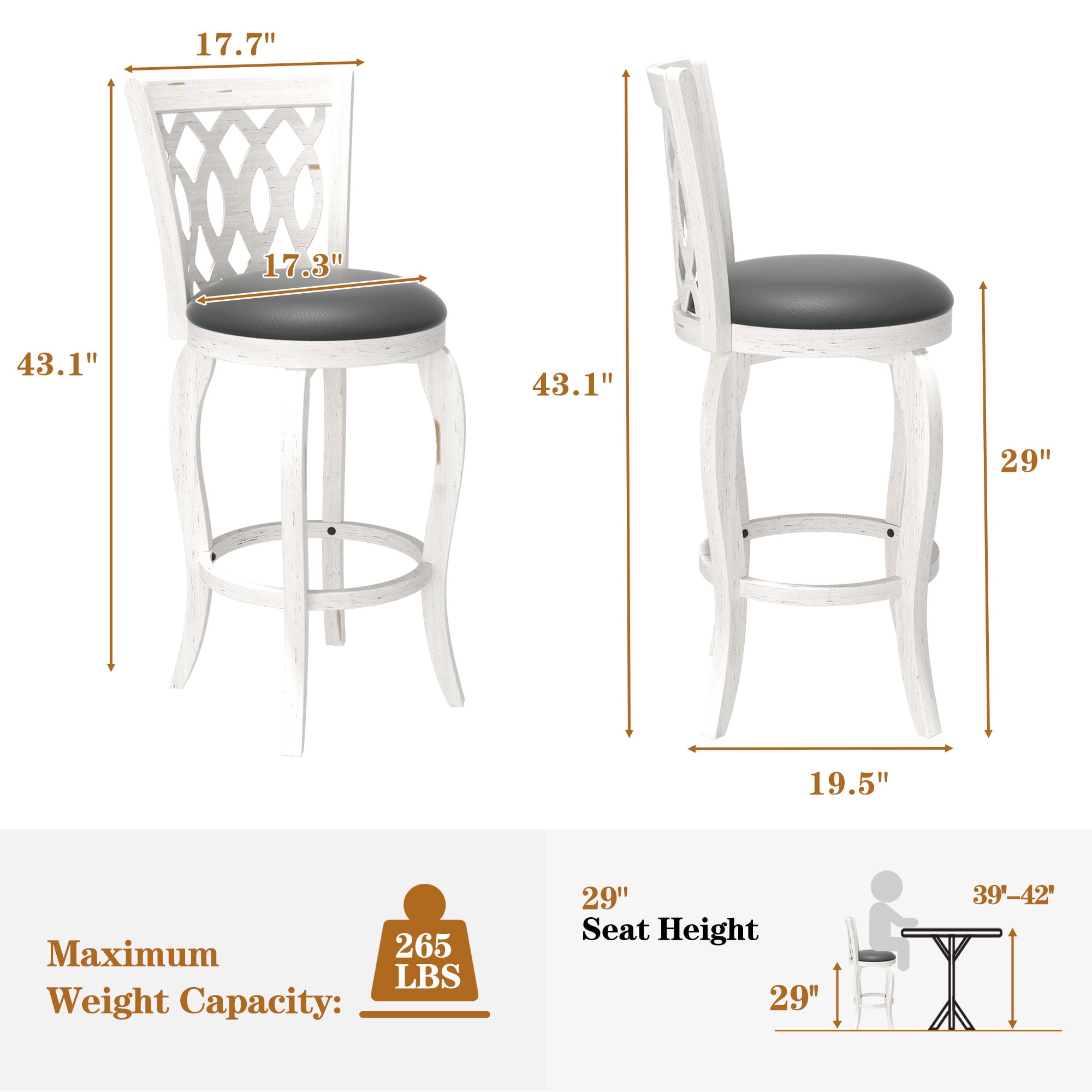 Joywind 29" Bar Height Swivel Bar Stools with High Back, Upholstered Seat & Solid Wood Footrest, White, Set of 2