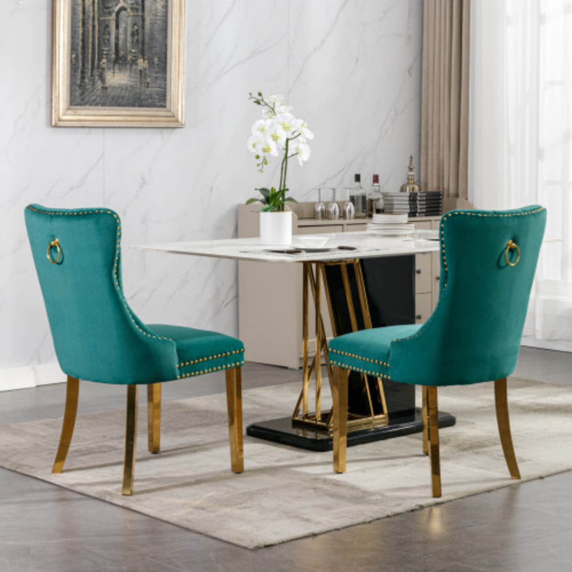 BSHTI 37.5" Velvet Upholstered Dining Room Chairs Set of 2, Modern Tufted Parson Chairs with Nailhead Trim, Foam Padded Seat for Dining Room/Kitchen(Green)