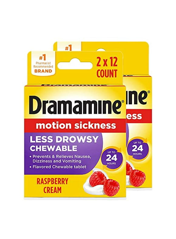 Dramamine Chewable Less Drowsy, Motion Sickness Relief, Raspberry Cream Flavor, 12 Count, 2 Pack