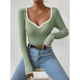 thumbnail image 2 of Women'S Sweetheart Neck Long Sleeve T Shirt Rib Knitted Contrast Binding Tee Tops Light Green XL, 2 of 6