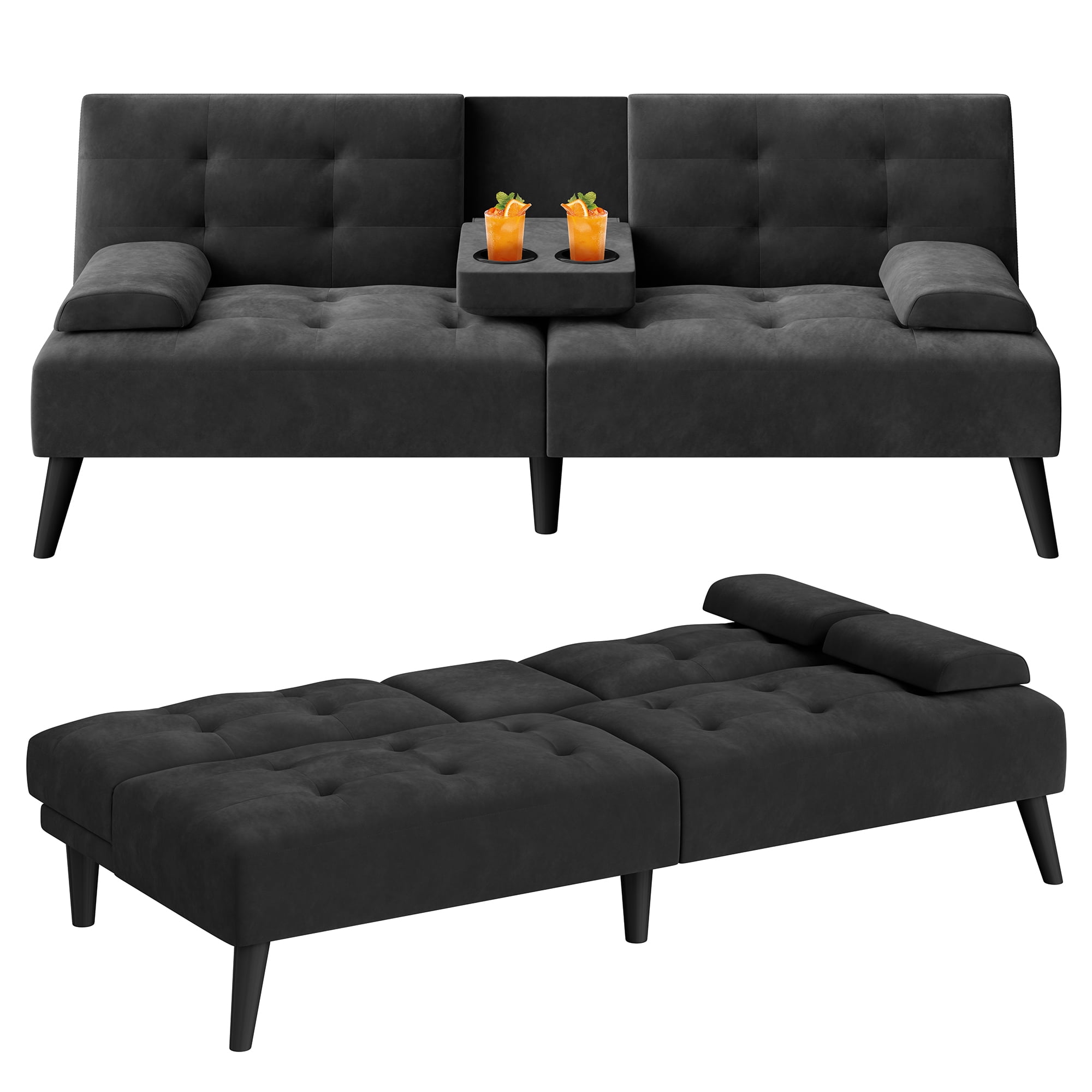 Walsunny 64" Sofa Bed Futon Couches, Folding Loveseat Recliner with 3-Angle Adjustment, Removable Arms 2 Cup Holders for Small Spaces,Black