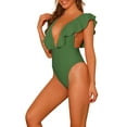 thumbnail image 4 of INSPIRE CHIC Women's One Piece V Neck Ruffled Swimwear Monokini Tummy Control Bathing Suit Army Green M, 4 of 5