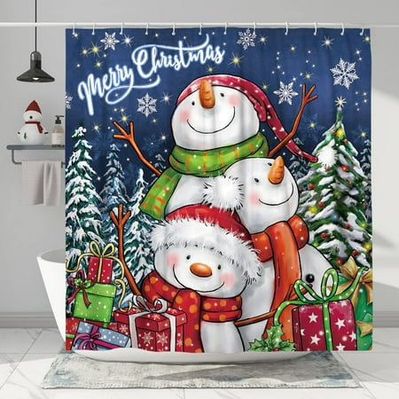 Newhomestyle Christmas Shower Curtains for Bathroom Pine Snowman Shower Curtain Winter Shower Curtain Holiday Decorations Christmas Bathroom Decor Polyester, 72 x 72 inches