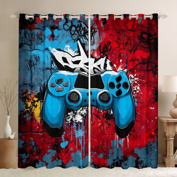 Homewish Kids Teens Adults Blue Gamepads Blackout Curtains Set of 2 (52x84 Each),Abstract Graffiti Splash Window Curtains,Video Game Curtains and Drapes,Super Cozy Room Decor
