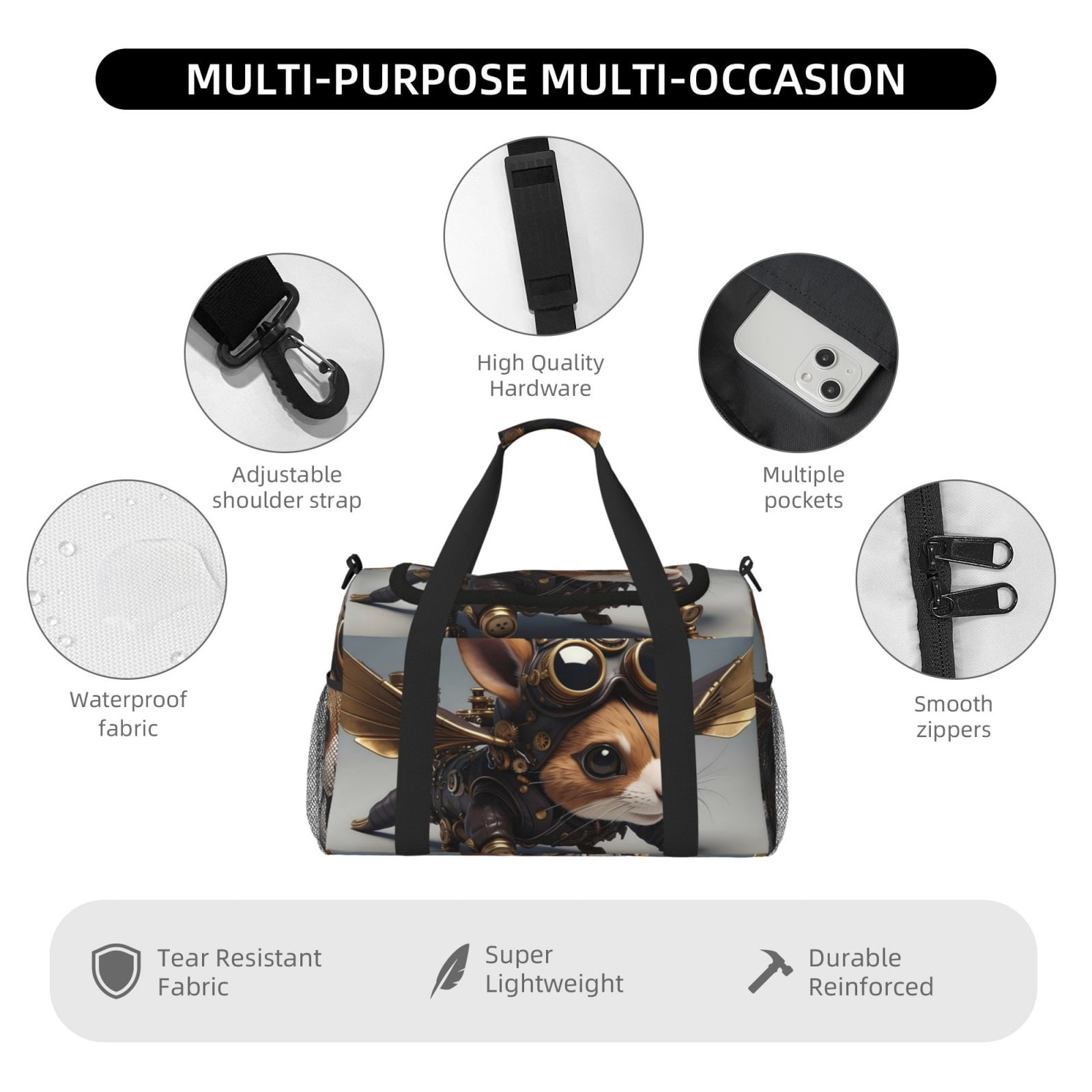 Fuzoiu Steampunk Squirrel Pilot Print Travel Duffle Bag,Carry On Tote Bags,Duffel Bag,Sport Gym Bag, Hospital Bag for Labor and Delivery, Overnight Bag,Luggage Bag