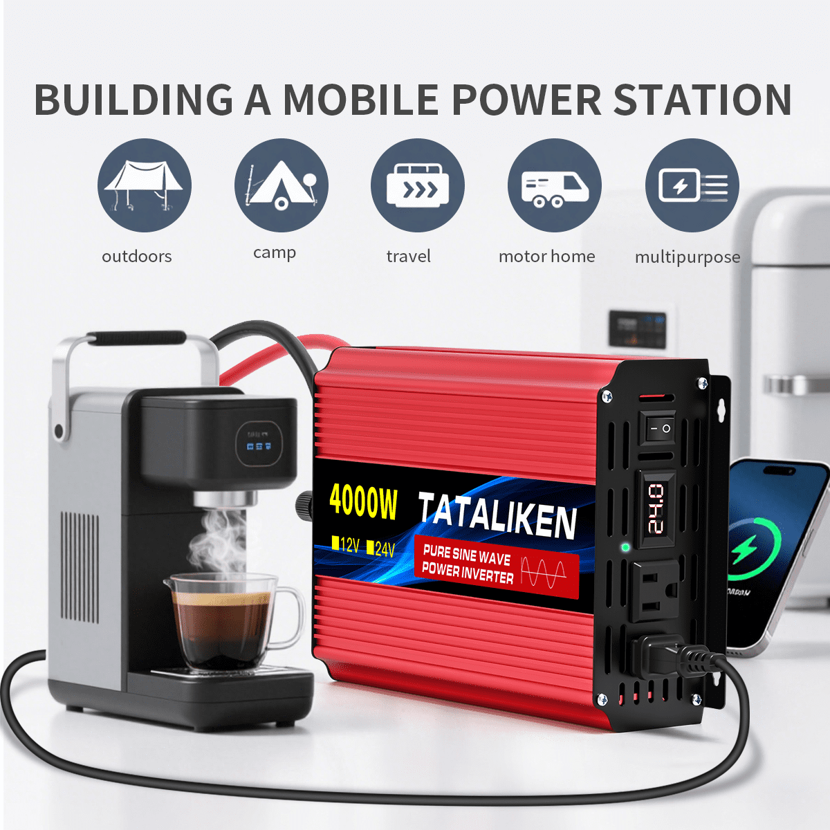 4000W Pure Sine Wave Power Inverter 12V DC to 110V AC,  LED Display Red Aluminum for Car/RV/Home