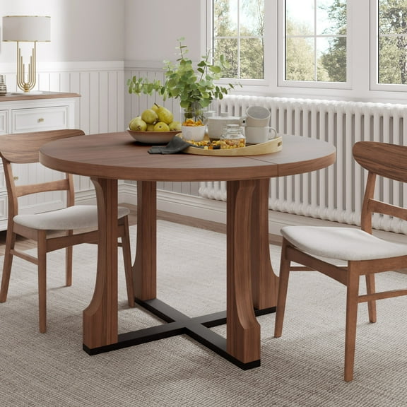UHOMEPRO 48" Round Dining Table, Farmhouse Kitchen Table for 4, Wooden Circle Dinner Room Table for Dining Room, Kitchen and Living Room, Easy Assembly, Walnut (Chairs Not Included)