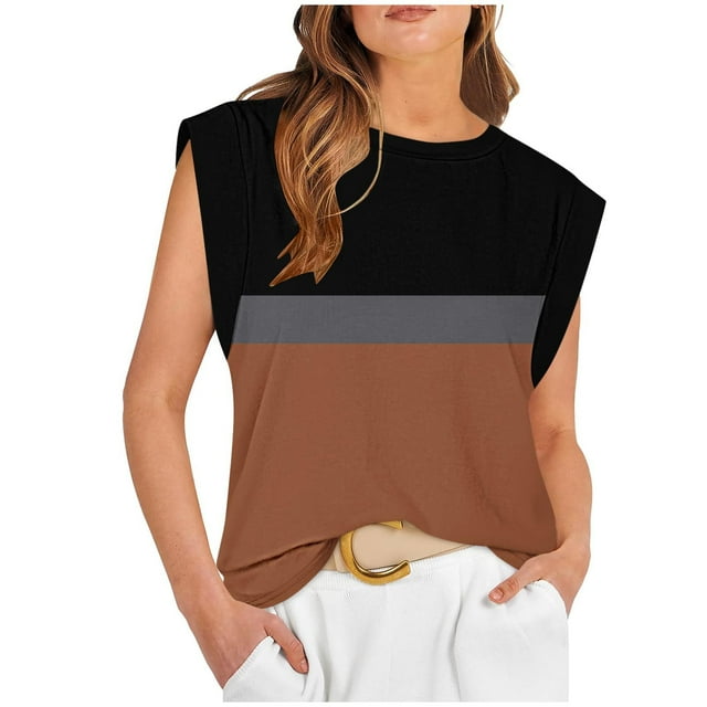 Sentmoon Hauts de Printemps pour Femmes Col Rond Débardeurs pour Femmes Imprimé Rayé Ample Blouse Sans Manches Fluide Été 2025 Élégant pour Détente à la Maison Or L
