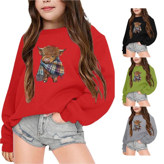 Byoo Little Girl's Animal Crewneck Sweatshirt Long Sleeve Plaid Scarf Highland Cow Print Pullover Outdoor Casual Top,Red