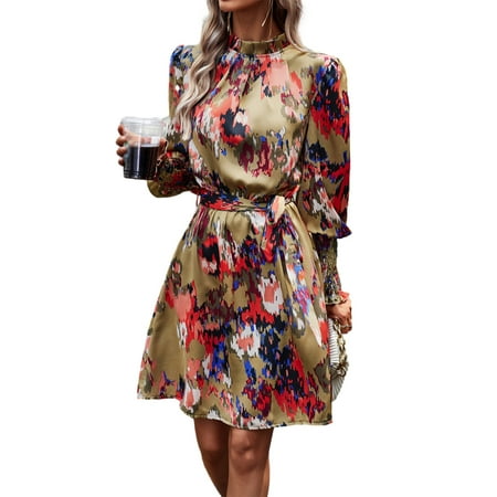 Valcatch Women s Casual Floral Dress Mock Neck Long Sleeve A Line Dresses