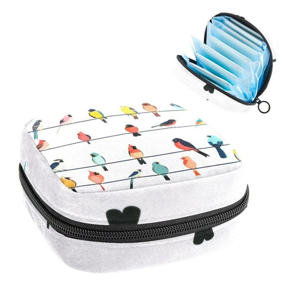 Sanitary Napkin Storage Bag for Girls Women, Portable First Period Pads Bag Tampons Holder Girls Travel Makeup Bag, Large Capacity Seamless Birds Sitting on Wires