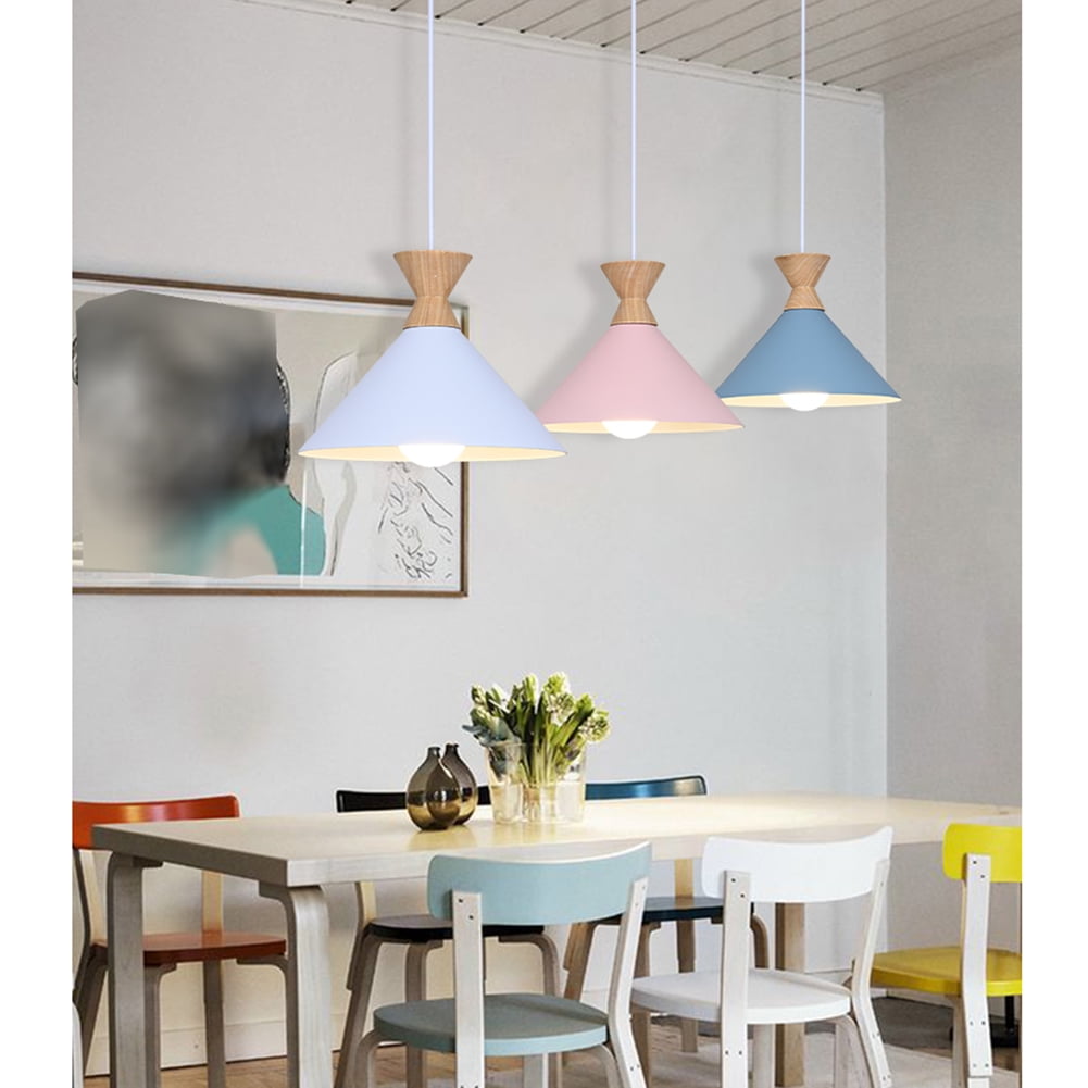 Small Colorful Wood Metal Pendant Light Fixture for Over Kitchen Sink, Single Creative Simple Pendant Lighting, Nordic Retro Hanging Lamp, Modern Farmhouse Ceiling Chandelier for Dining Table