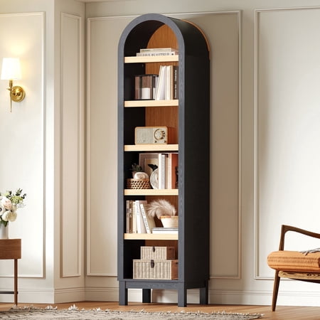 Kromapolis 6-Tier Arched Storage Bookcase with 2 Adjustable Shelves,Narrow Wood Bookshelf Open Display Shelves for Living Room,Entryway,Bedroom,Rich Black and Light Honey,Assembly Require