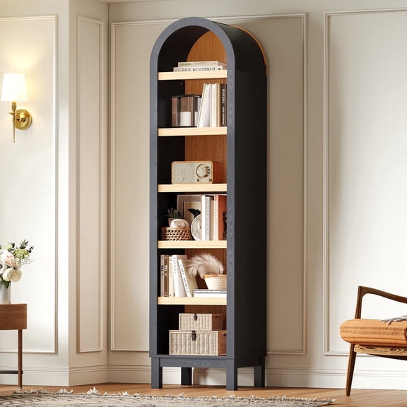 Kromapolis 6-Tier Arched Storage Bookcase with 2 Adjustable Shelves,Narrow Wood Bookshelf Open Display Shelves for Living Room,Entryway,Bedroom,Rich Black and Light Honey,Assembly Require