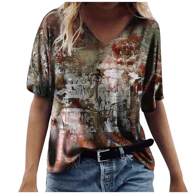 Birdeem T-Shirt à Col en V pour Femmes, Mode Décontractée, Grande Taille, Imprimé de Fleurs Pittoresques