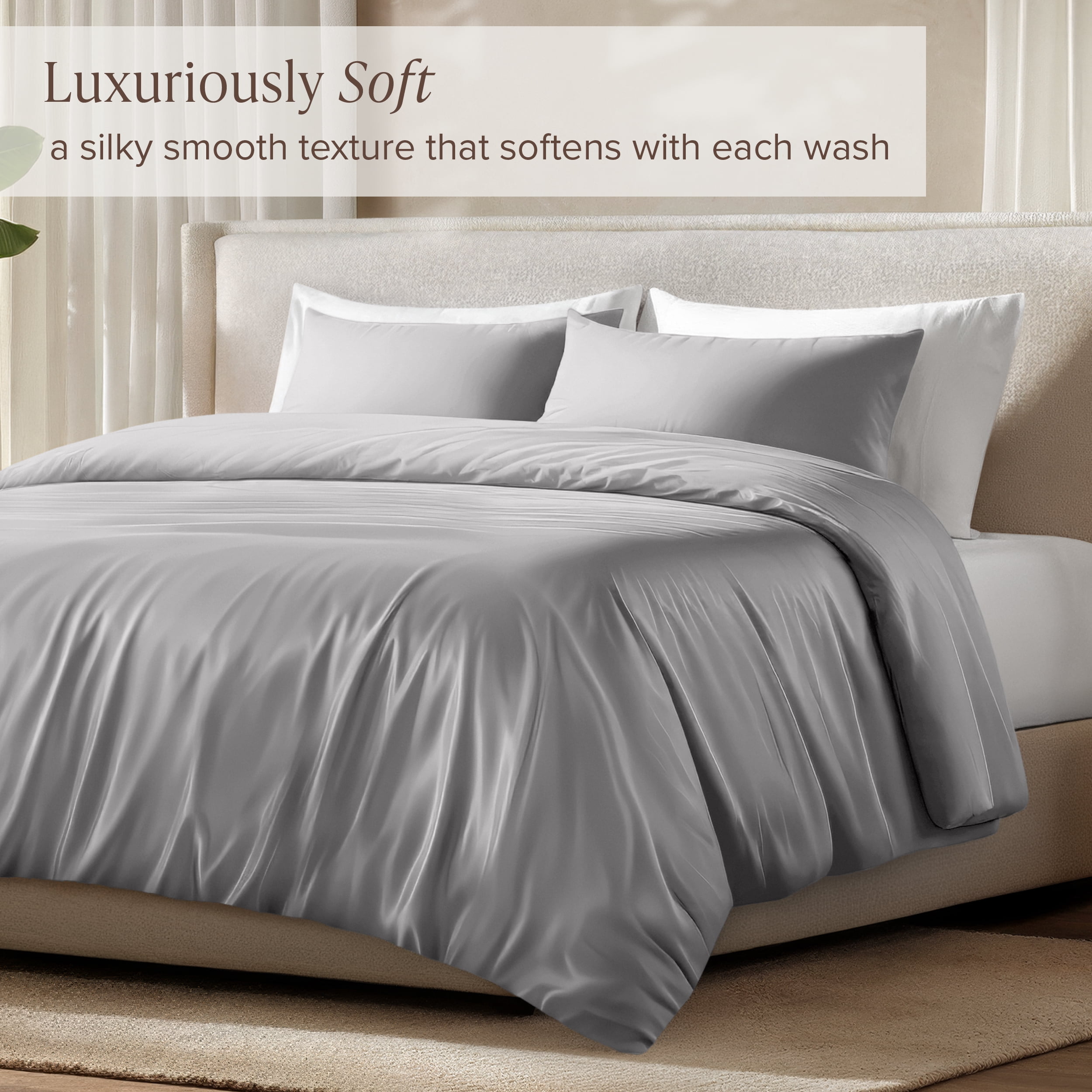 Bare Home Bamboo 2-Piece Duvet Cover Set - Made from Rayon Fibers - Soft, Cooling & Breathable - Twin/Twin-XL,Light Gray