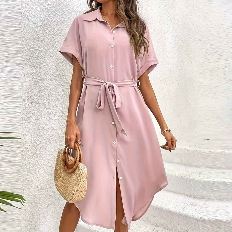 PuLe New Summer Short Sleeve Dress Women's Summer Point Collar Midi  Dresses Casual Belted Button Down Short Sleeve Shirt Dress Go for Beach  Picnic Party - Walmart.com