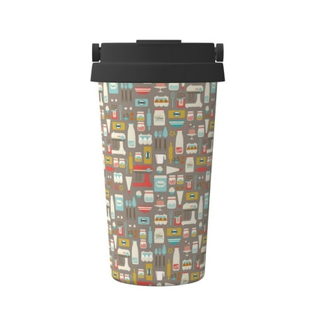 

Xecao Kitchen Food Pattern Insulated Coffee Mug with Handle & Flip Thermos Mug Water Bottle Coffee Tumbler Cup
