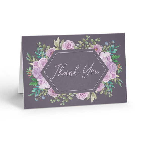 Purple Roses Thank You Note Card - 10 Note Cards with Envelopes - B14444