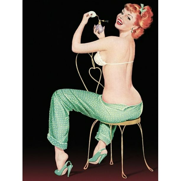 Pinup Redhead With Polka Dot Pajamas Stretched Canvas -  (36 x 54)
