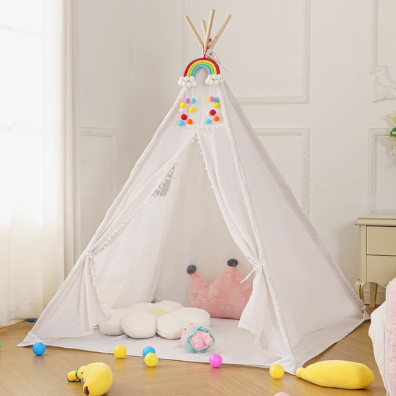 BSHAPPLUS® Kids Teepee Play Tent, White Pom-Pom Teepee Tent for Children with Storage Pockets, Mesh Window, Anti-Slip Wood Poles, Indoor Outdoor Play House for Toddler Boys Girls