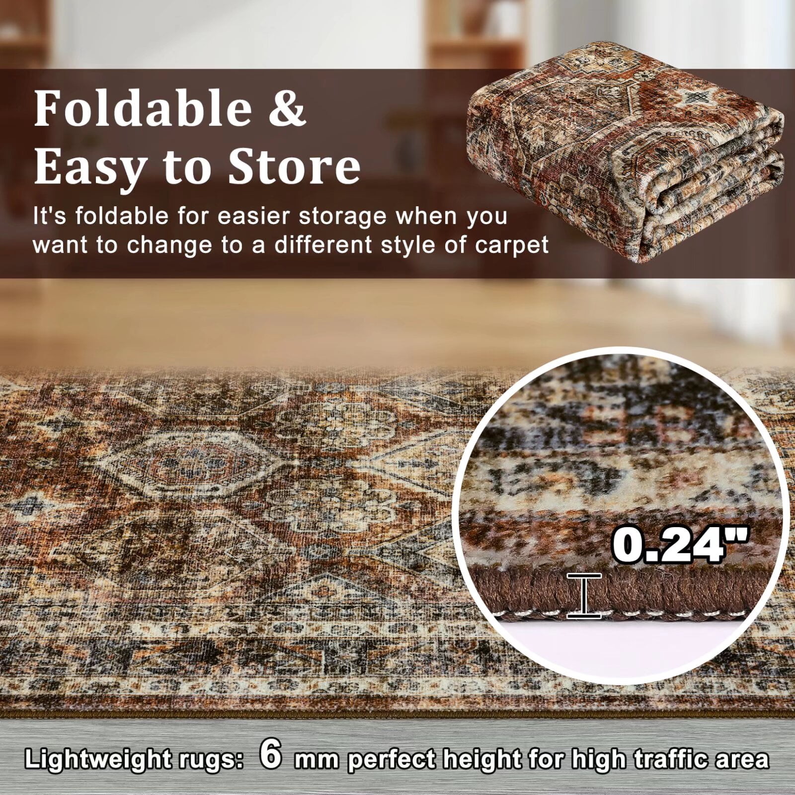 Hasoo Indoor Washable Area Rug 9' x 12' Floral Rugs for Living Room Geometric Throw Floor Mats Non-Slip Accent Carpet Brownish Red