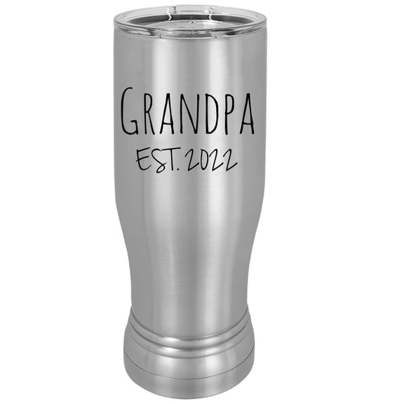 Grandpa Est. 2022 Established 20 oz Silver Stainless Steel Double-Walled Insulated Pilsner Beer Coffee Mug with Clear Lid