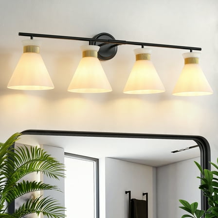 4-Lights Vanity Lights for Bathroom Black and Gold Wall Sconce Lighting with Frosted Milky Glass for Over Mirror Bedroom Hallway