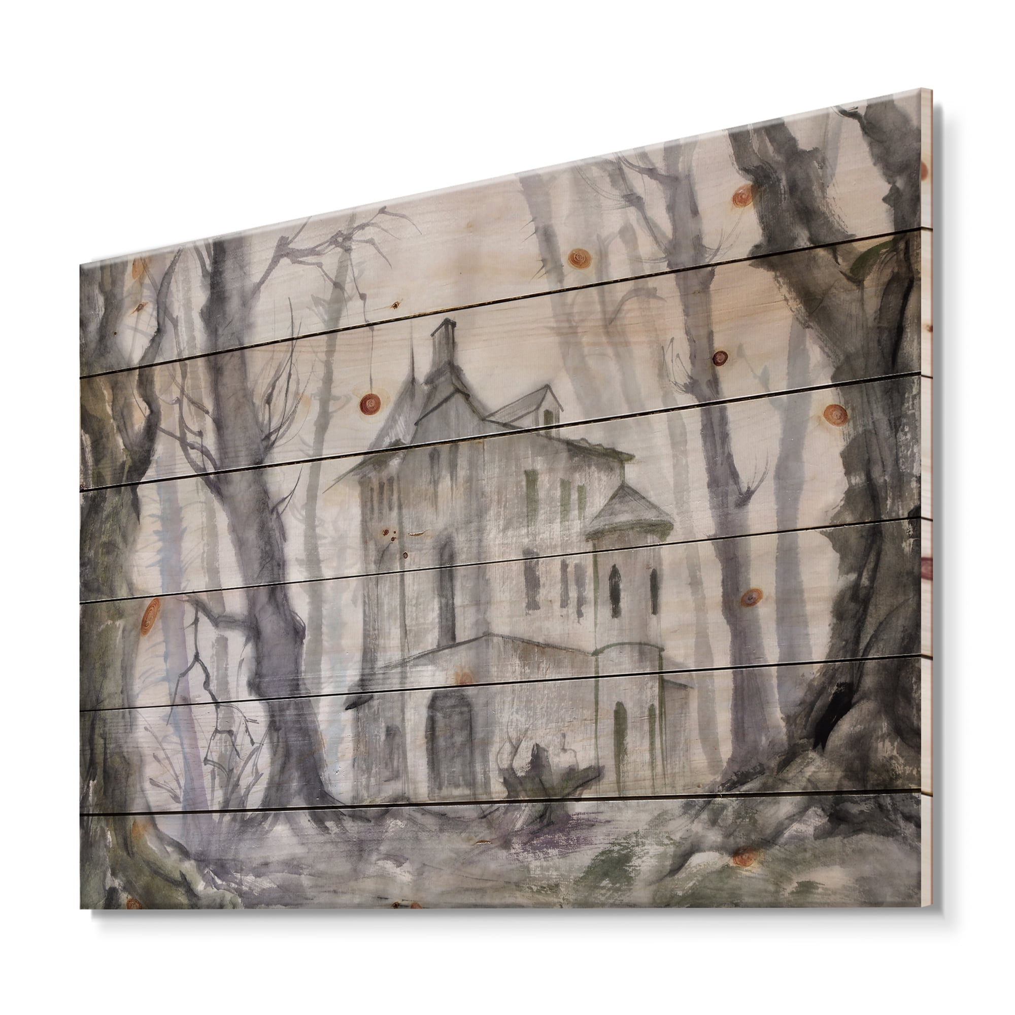 Designart 'Old Haunted Castle In The Woods' Traditional Print on Natural Pine Wood