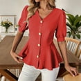 thumbnail image 2 of Ashirexll Tops for Women Trendy Fashion Casual Solid Color V-Neck Buttoned Short Sleeve Top for Spring, 2 of 7