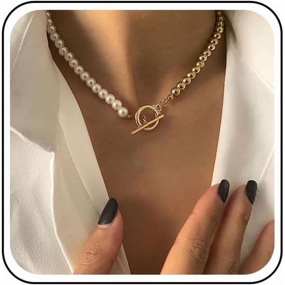 Boho Gold Half Pearl Half Chain Toggle Necklace Jewelry for Women