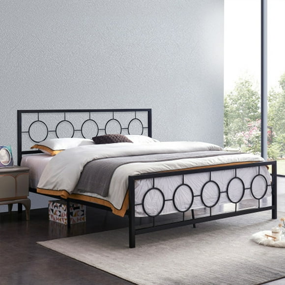 Farmhouse King Size Bed Frame, Metal Platform with Wrought Iron Headboard and Footboard, Under Bed Storage, No Box Spring Needed, Black