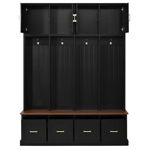 U-Can Farmhouse Entryway Hall Tree with Coat Hooks, Cabinets and Drawers, with Wood Accents and Gold Hardware, Black