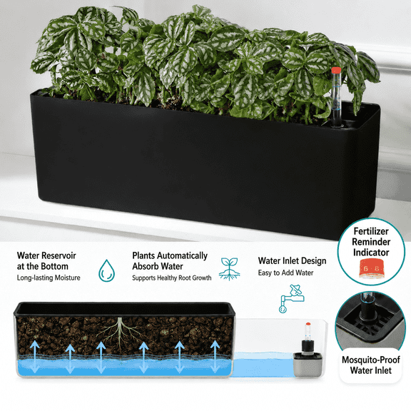 2 Pcs Rectangular Plastic Planter Box with Drainage Holes & Saucer, Plant Pot for Windowsill Balcony Garden