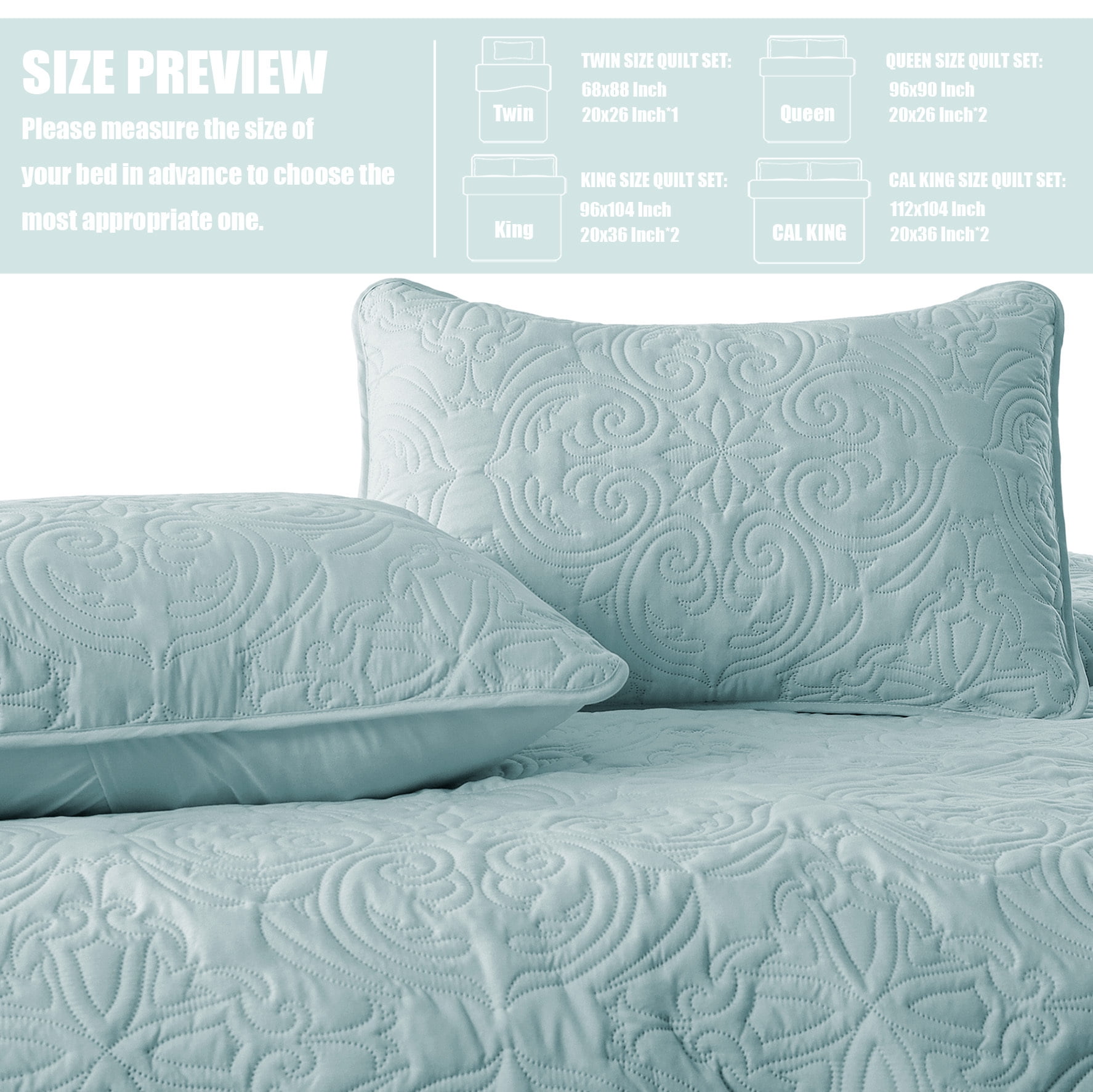 Exclusivo Mezcla Oversized King Quilt Bedding Set, Lightweight Vintage California Cal King Size Quilts with Pillow Shams, Soft Bedspreads Coverlets for All Seasons (112"x104", Aqua)