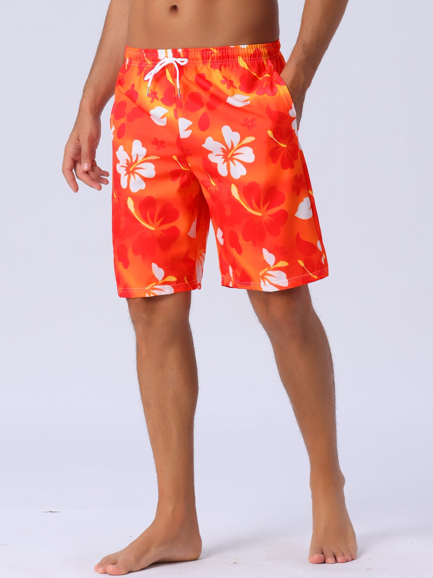 DARING DIVA Men's Floral Print Elastic Waist Drawstring Hawaiian Beach Swim Shorts 30 Red