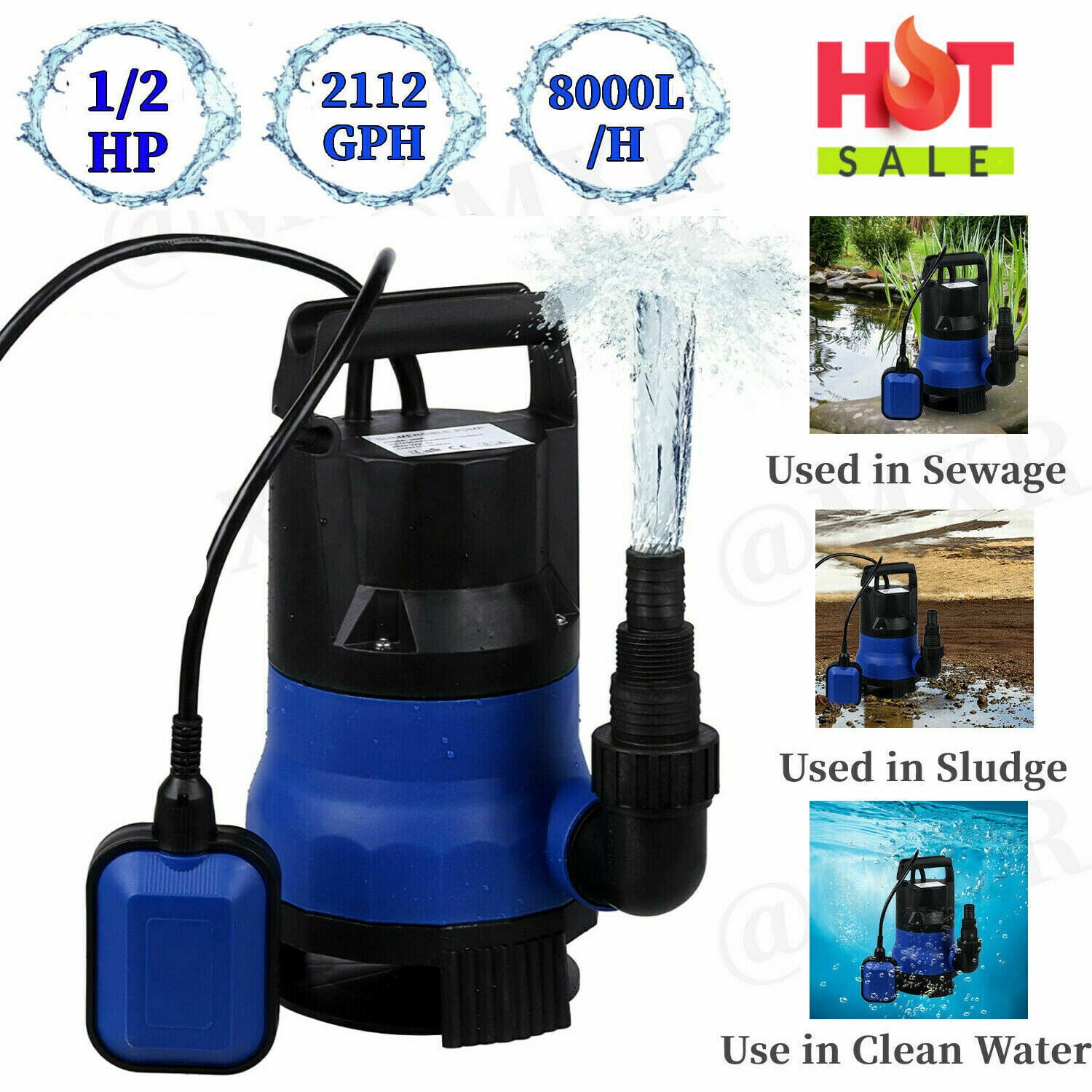 1/2 HP Submersible Water Pump,Garden Backyard Pool Pond Flood Drain 2100GPH-US 