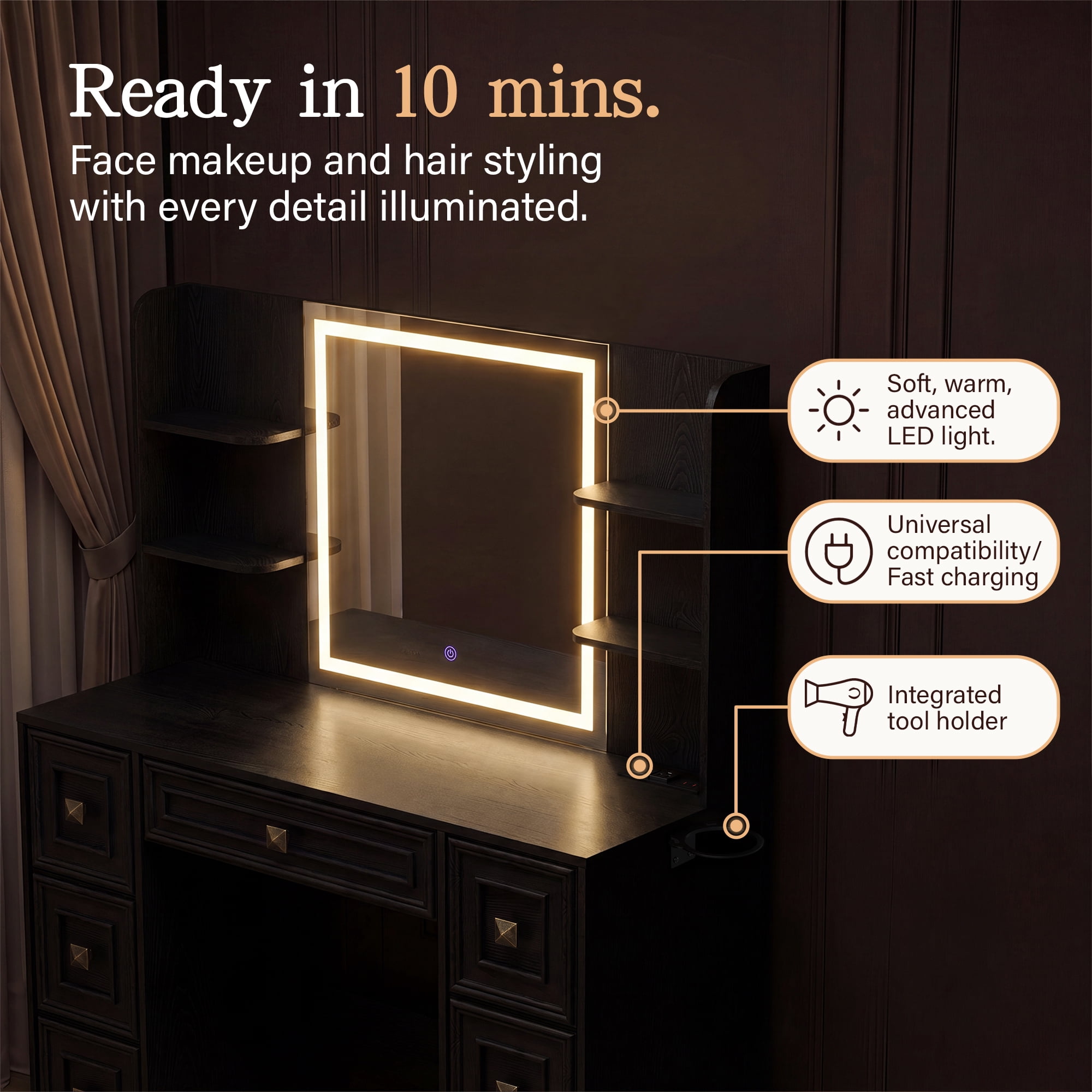 Lacoo Makeup Vanity Desk with LED Lighted Mirror & Charging Station, 7 Drawers Vanity Table with Open Shelves & Hair Dryer Holder for Bedroom Dressing Room, Black