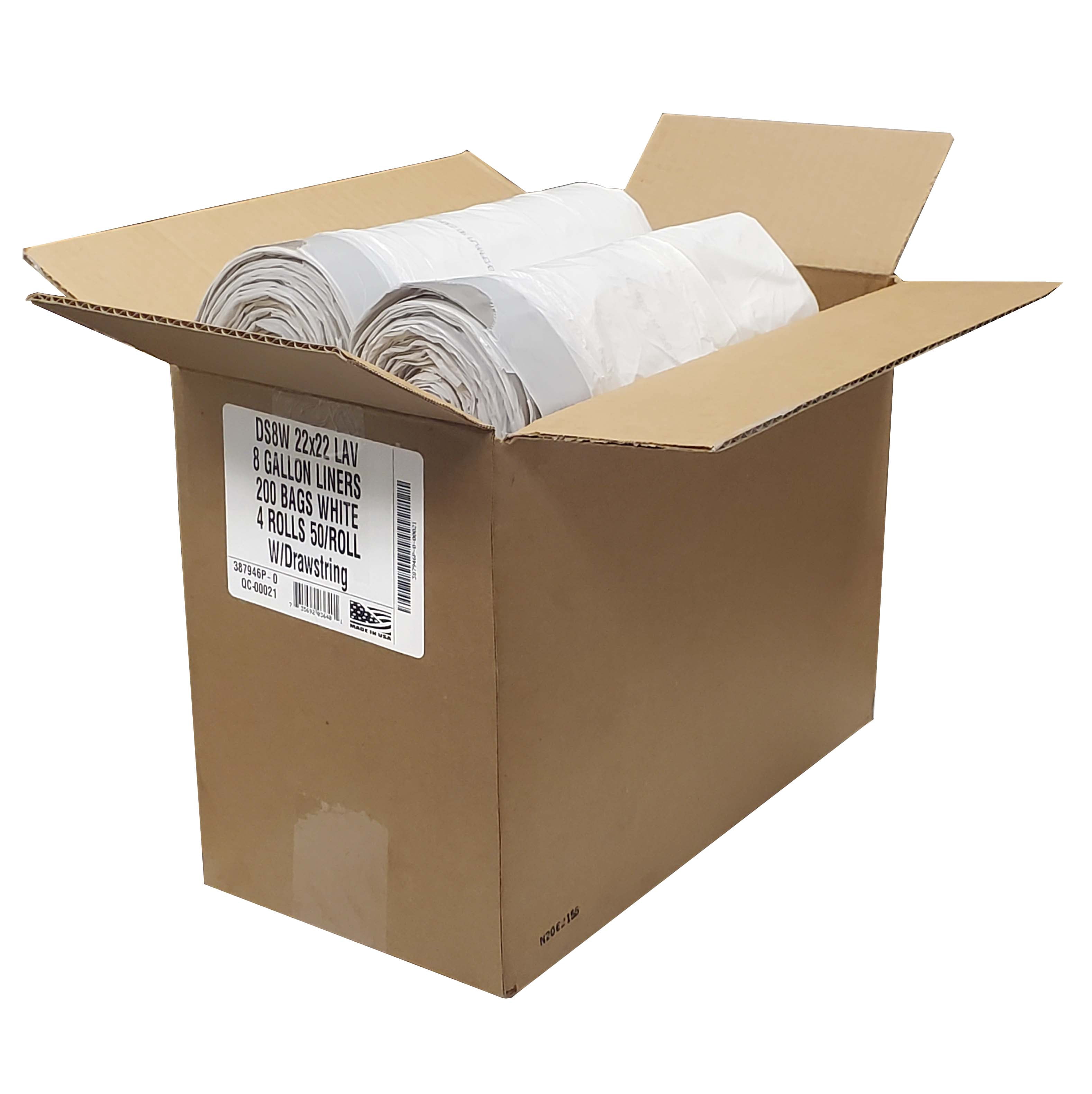 Aluf Plastics 8 Gallon 0.7 MIL White Drawstring Lavender Scented Trash Bags - 22" x 22" - Pack of 200 - For Home, Kitchen, Bathroom, & Office