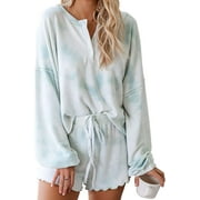 Womens Tie Dye Printed Ruffle Short Lounge Set Long Sleeve Tops and Shorts 2 Piece Pajamas Set Sleepwear