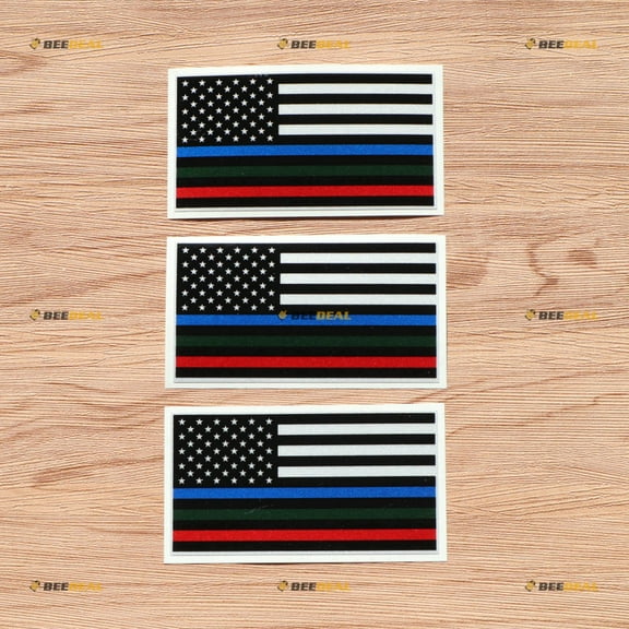 Thin Line Blue Green Red American Flag Police Military Fire Vinyl Decal Sticker - 3 Pack Reflective 4 Inches - for Car Boat Laptop
